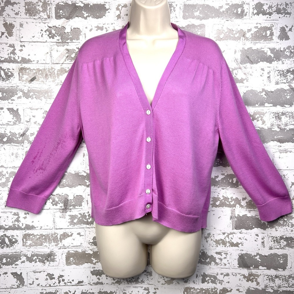 Lands End Supine Cotton Cardigan Sweater Fuchsia Pink Sz L/Petite 3/4 Sleeve